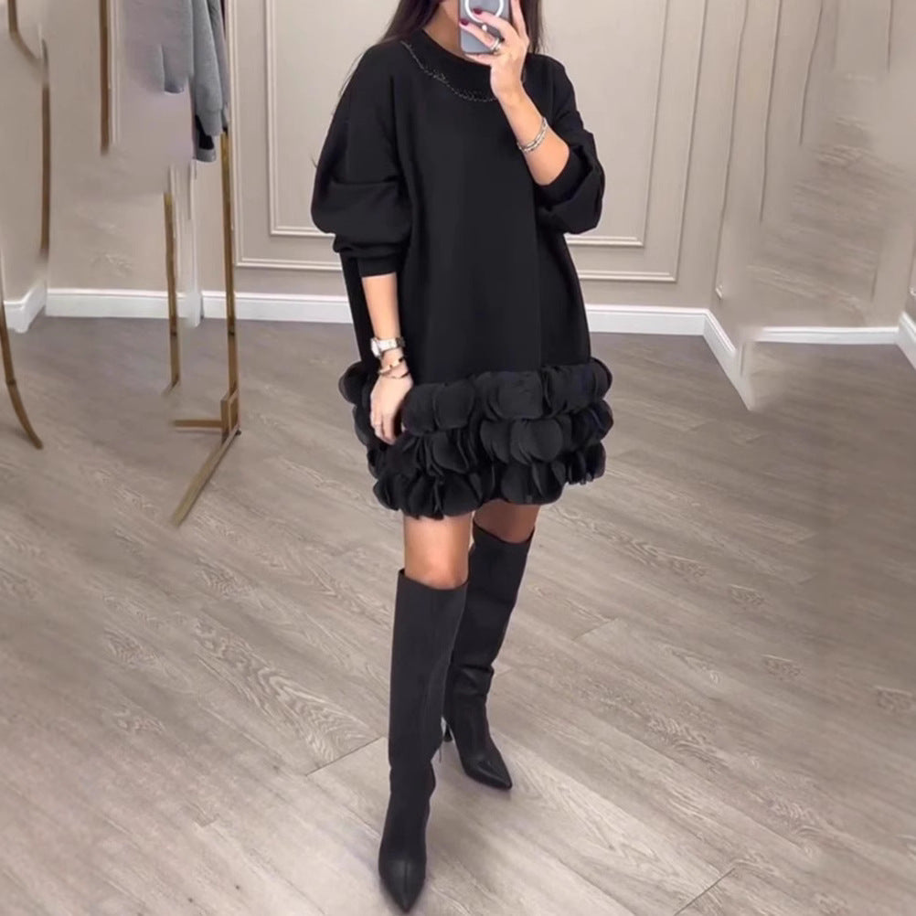 Women's Elegant Round Neck Long Sleeve Stitching Petal Dress