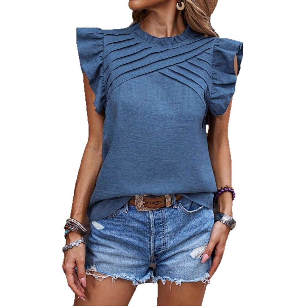 Women's Shirt Ruffle Sleeve Pleated Pullover Blouses