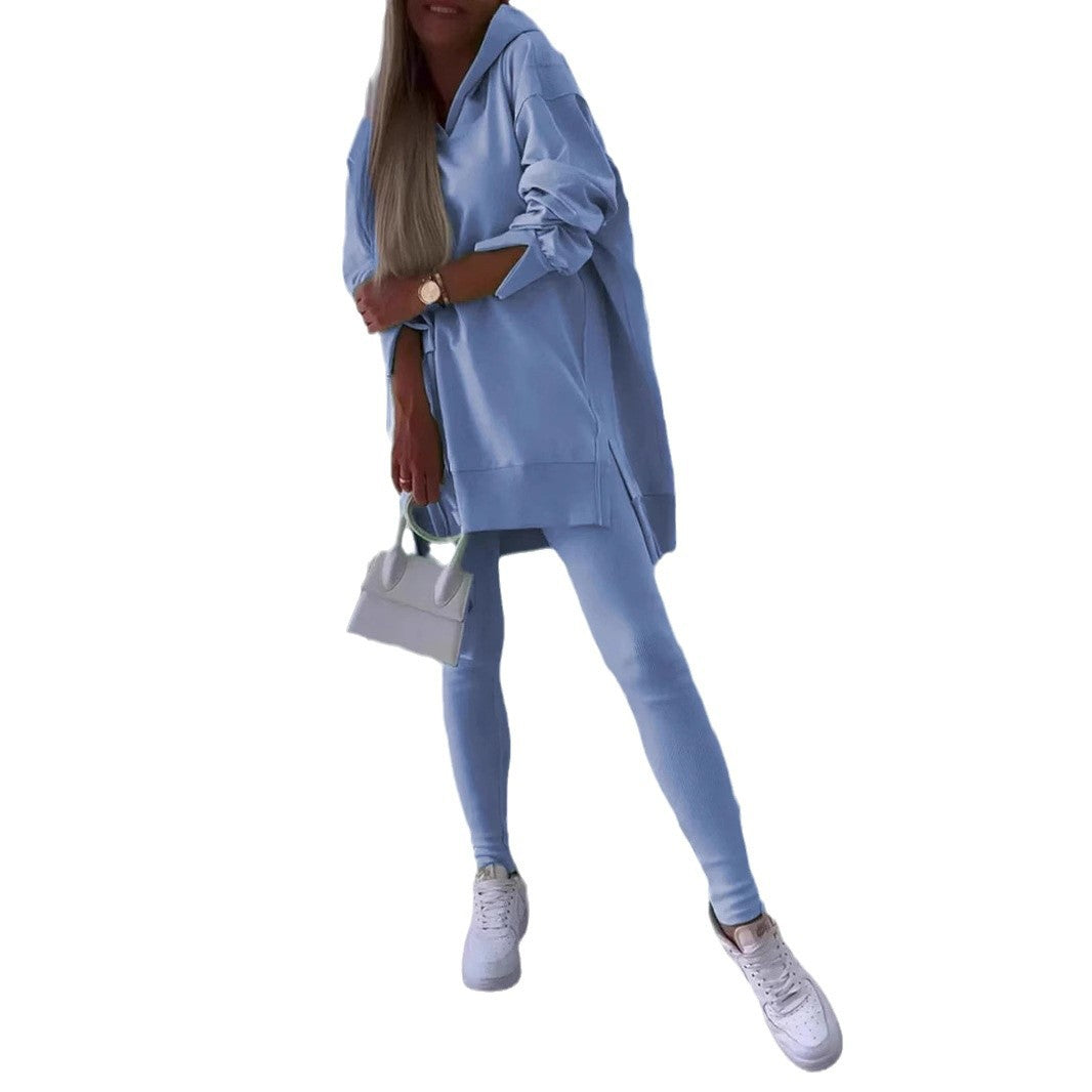 Women's Sports Casual Slit Hooded Tights Two-piece Suits