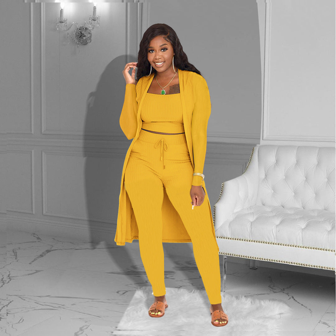 Women's Sunken Stripe Solid Color Three-piece Clothing