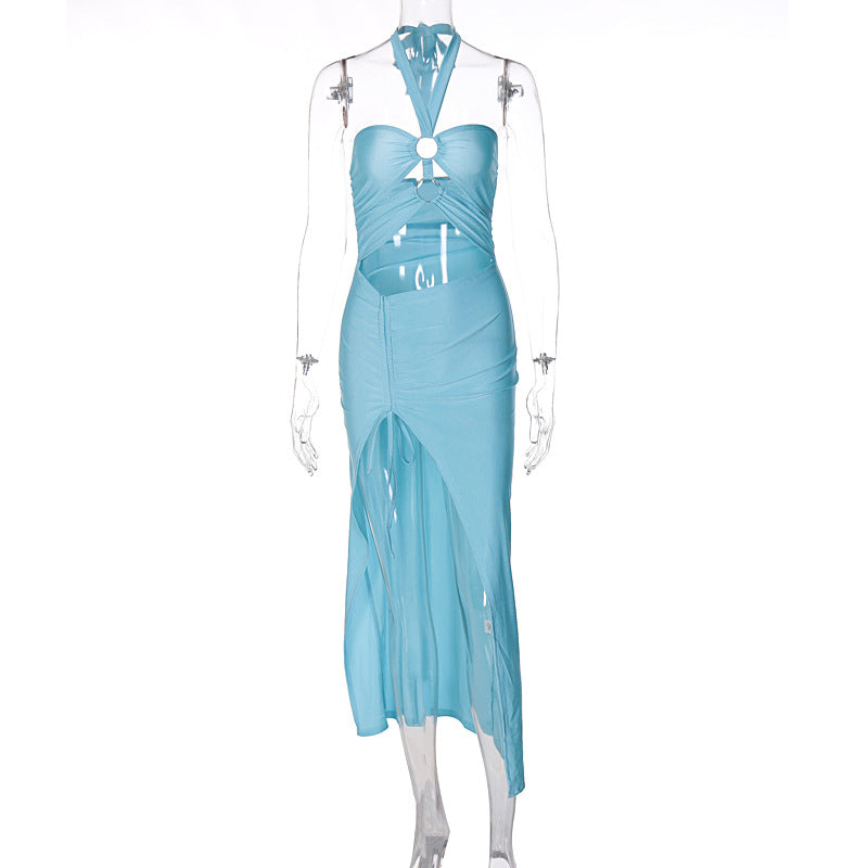 Women's Summer Solid Color Chest Wrap Halter Ring Connection Hollow Dresses