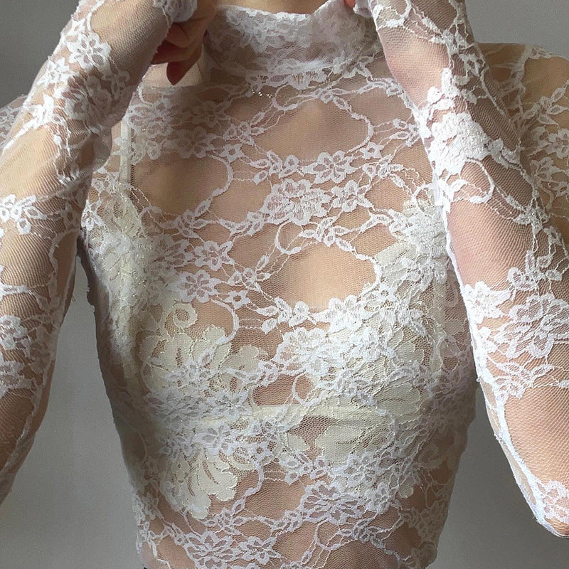 Hot Lace Turtleneck Long Sleeve T-shirt Blouses