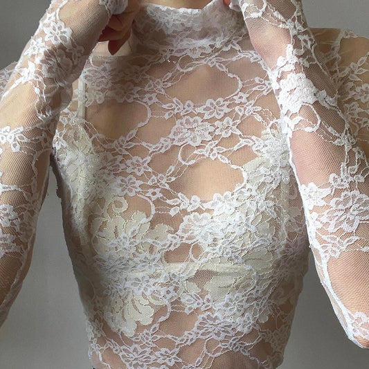 Hot Lace Turtleneck Long Sleeve T-shirt Blouses