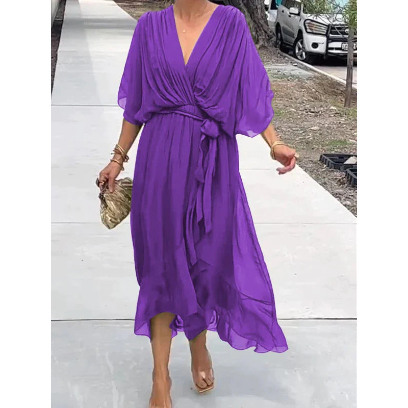 Women's Pure Color Tied Long Batwing Sleeve Dress