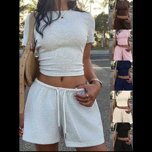 Women's Slim Fit Waist Cropped Short-sleeved Drawstring Fashion Casual Suit