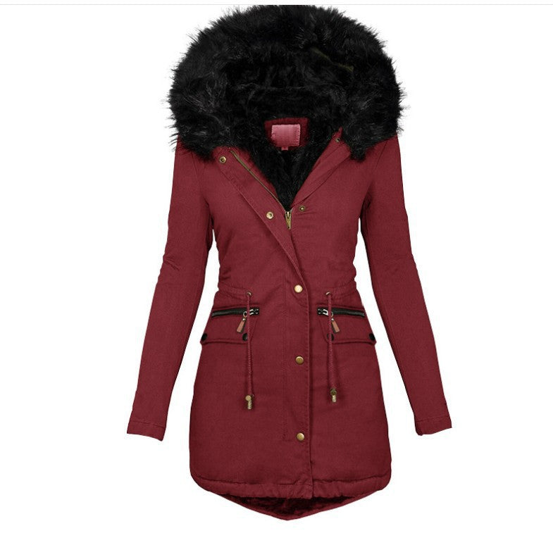 Women's Solid Color Fur Collar Hood Mid-length Coats