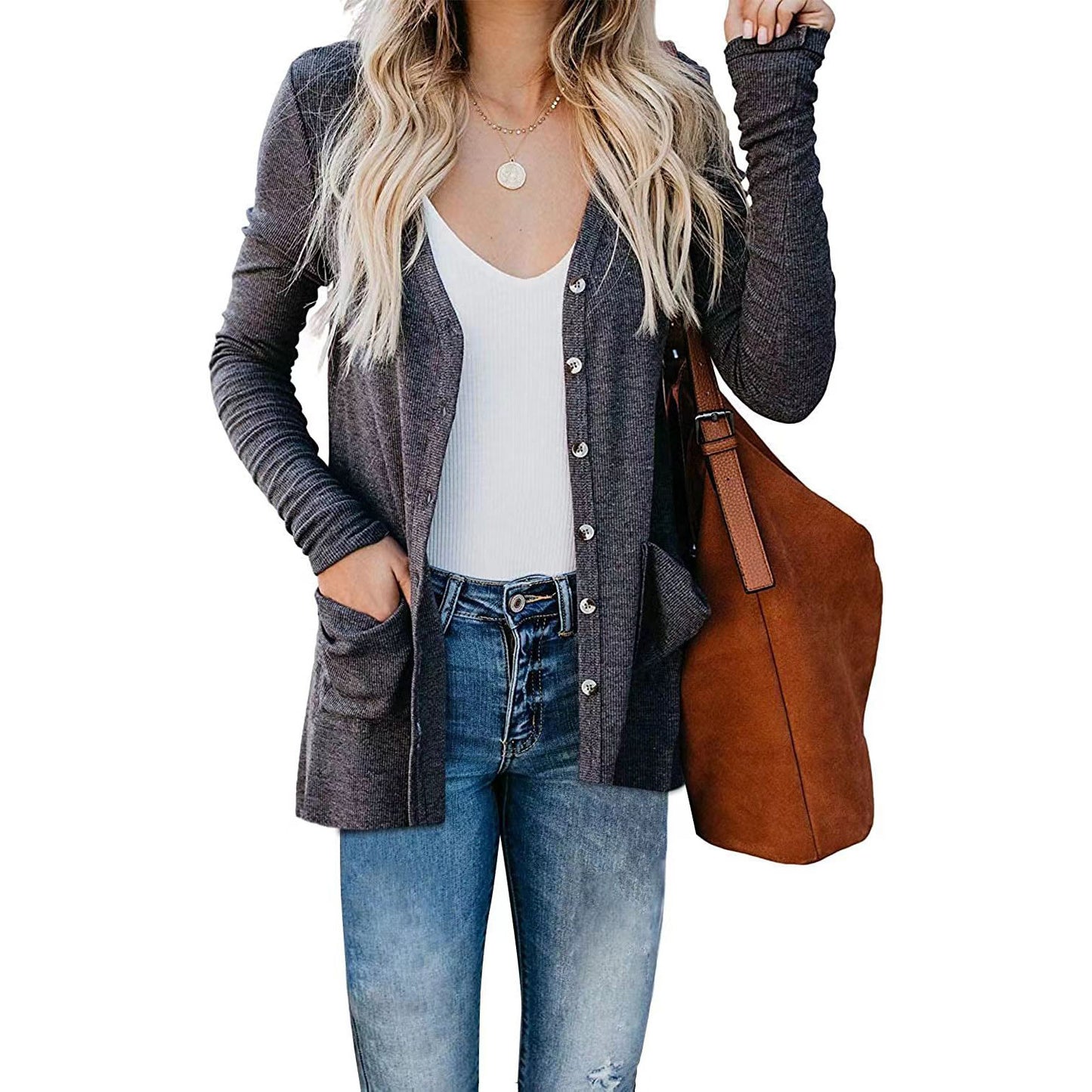 Women's Spring Loose Long Sleeve Rib Button Cardigans