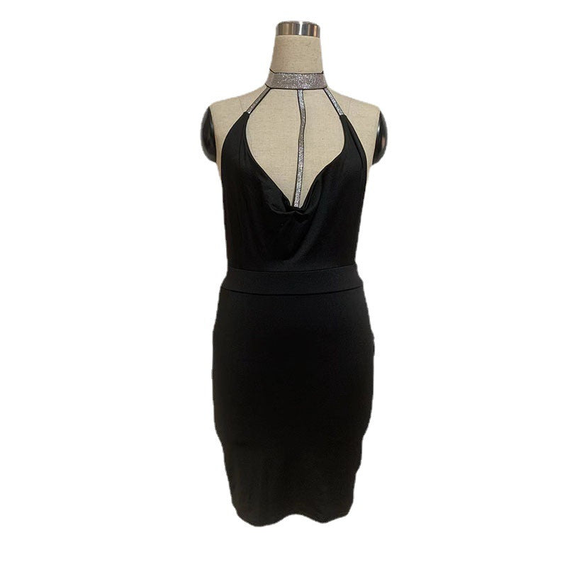 Hip Side Slit Hot Rhinestone Low-cut Halter Tight Jumpsuits