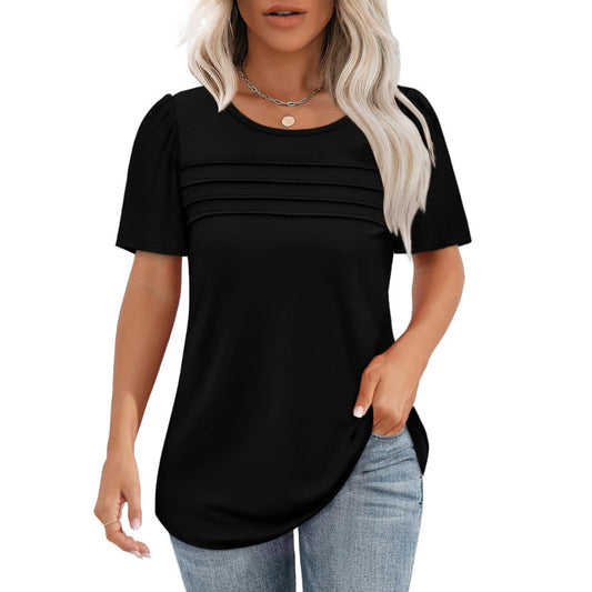 Women's Summer Round Neck Sleeve Chest Tuck Line Blouses