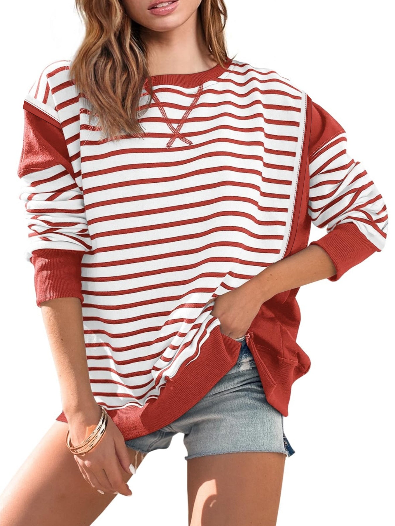 Women's Striped Contrast Color Long Sleeves T-shirt Blouses