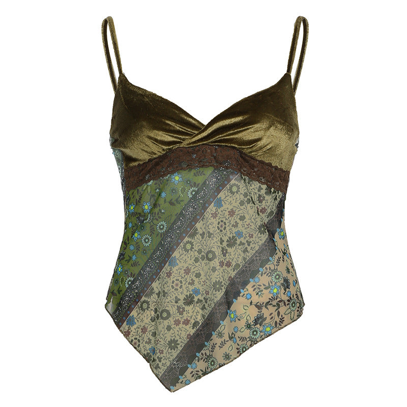 Mori Style Printed Irregular Lace Trim Tops