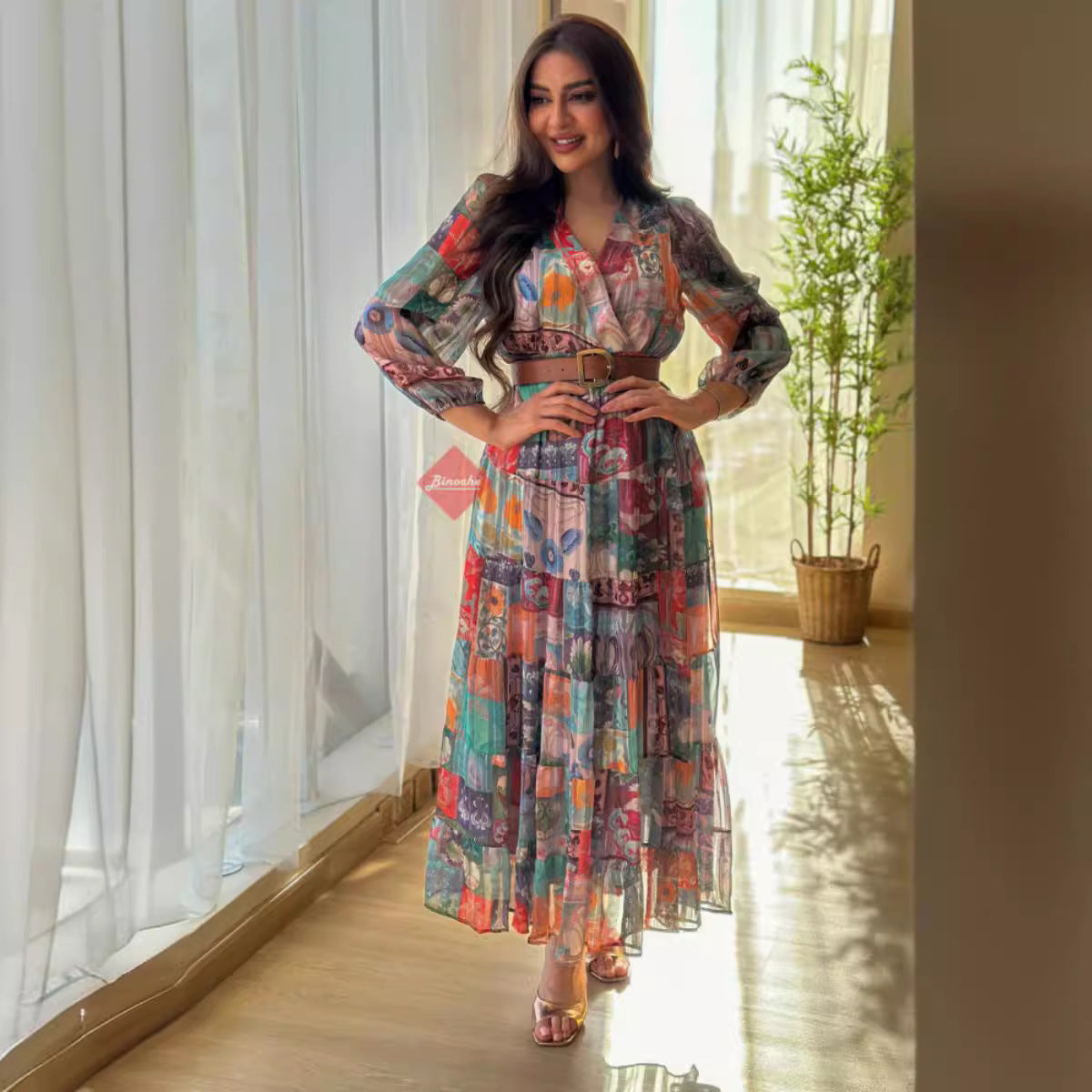 Women's Sexy Chiffon Printed Large Swing Belt Evening Dresses