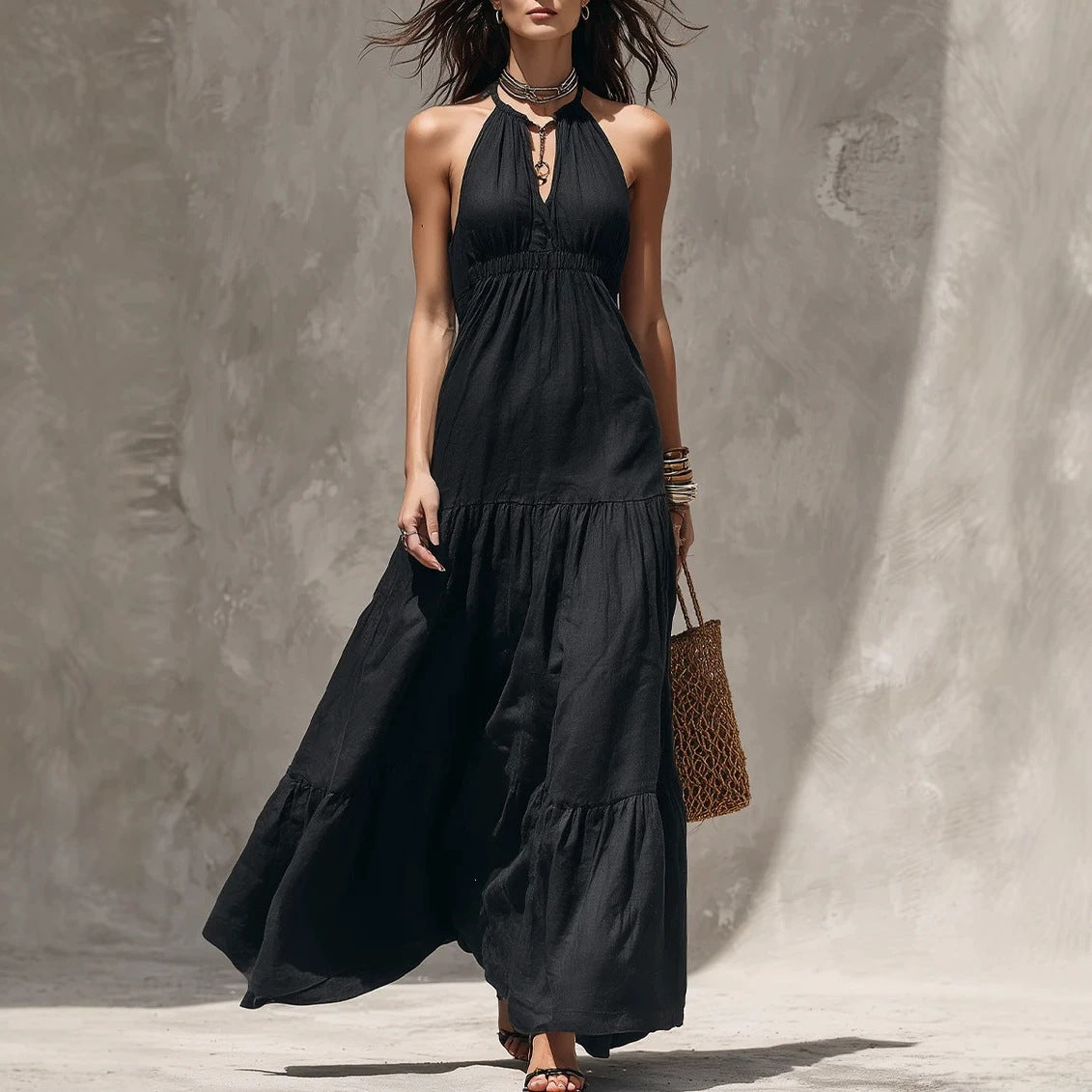 Women's High Waist Stitching Cotton Linen Holiday Dress
