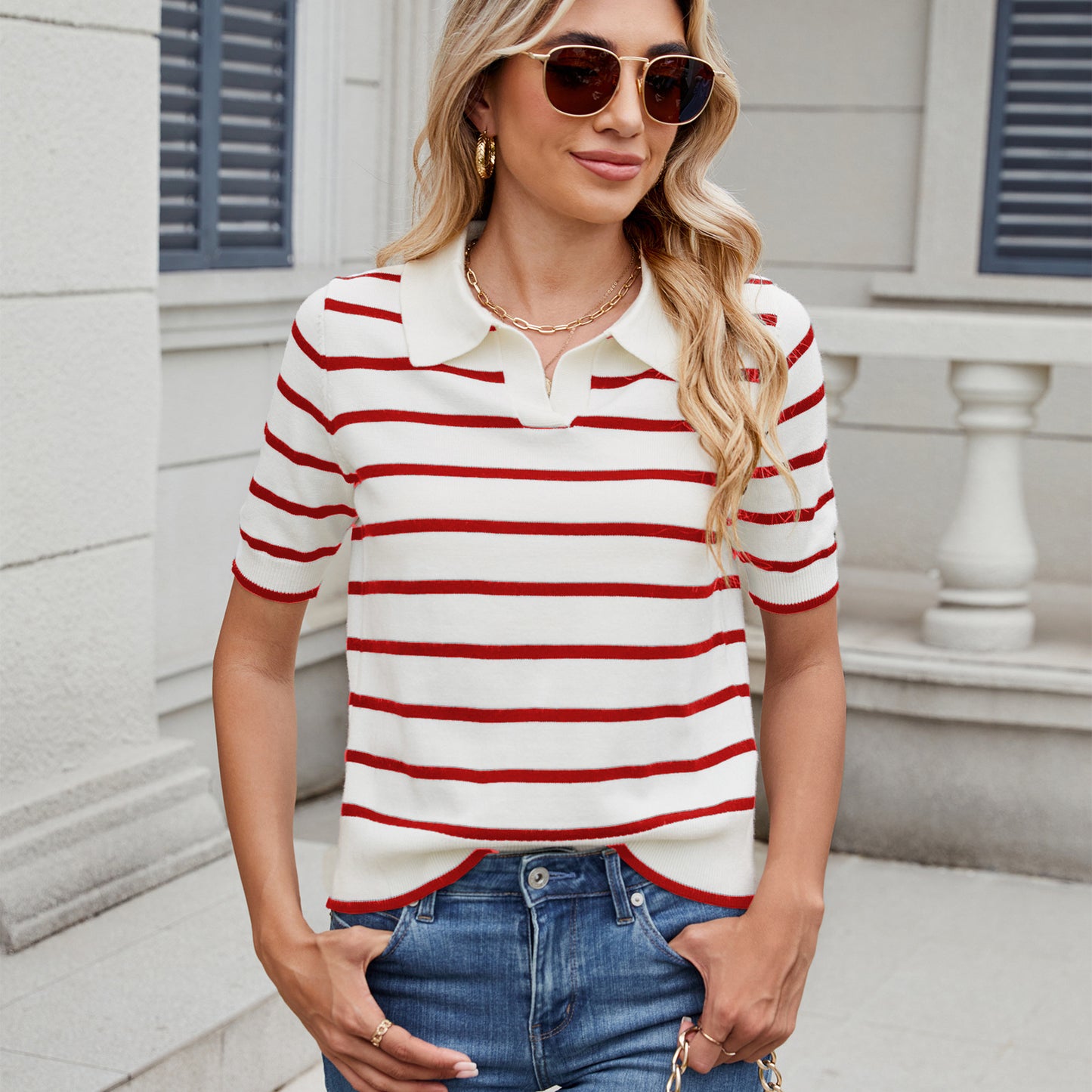 Innovative Trendy Women's Casual Striped Lapel Sweater