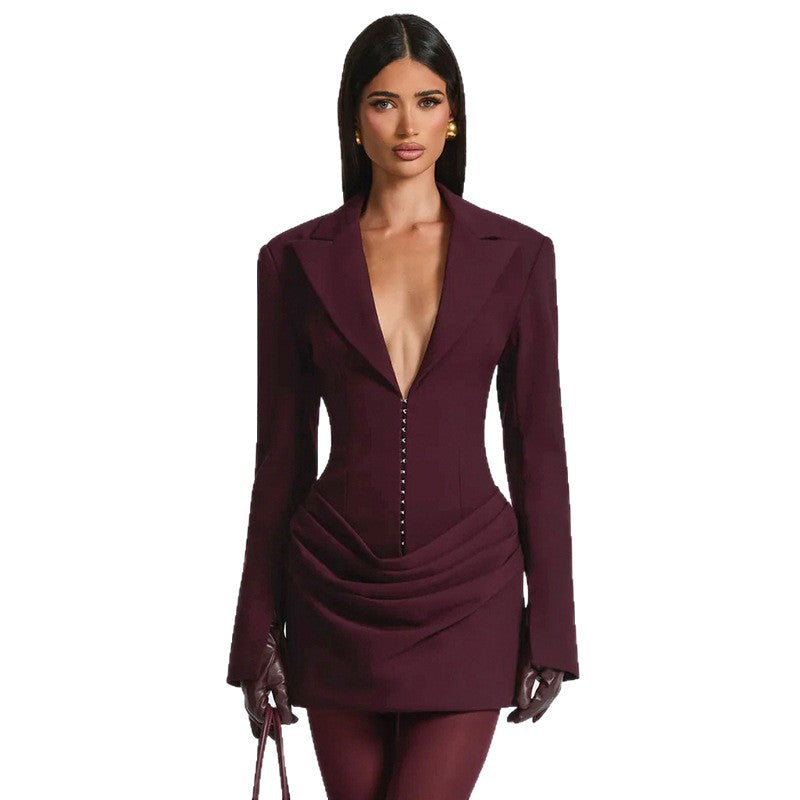 Women's Solid Color Fashion Deep V Lapel Waist Tight Clothing