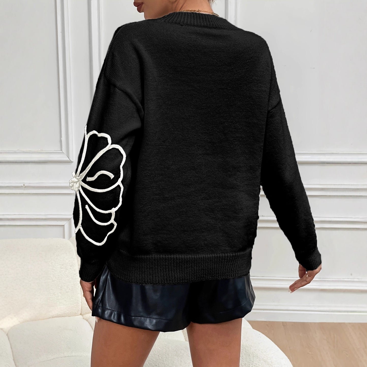 Embroidered Large Flower Crew Neck Casual Sweater