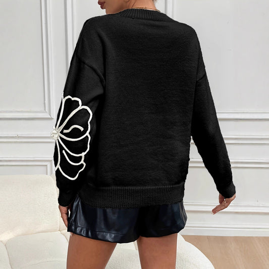 Embroidered Large Flower Crew Neck Casual Sweater