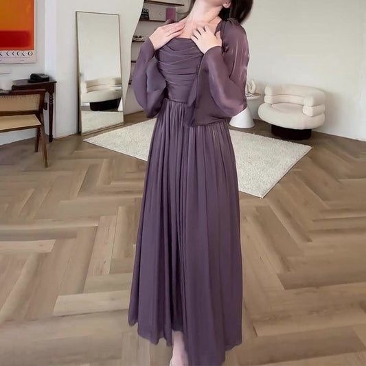 Women's Autumn French Square Collar Pleated Slim Dresses