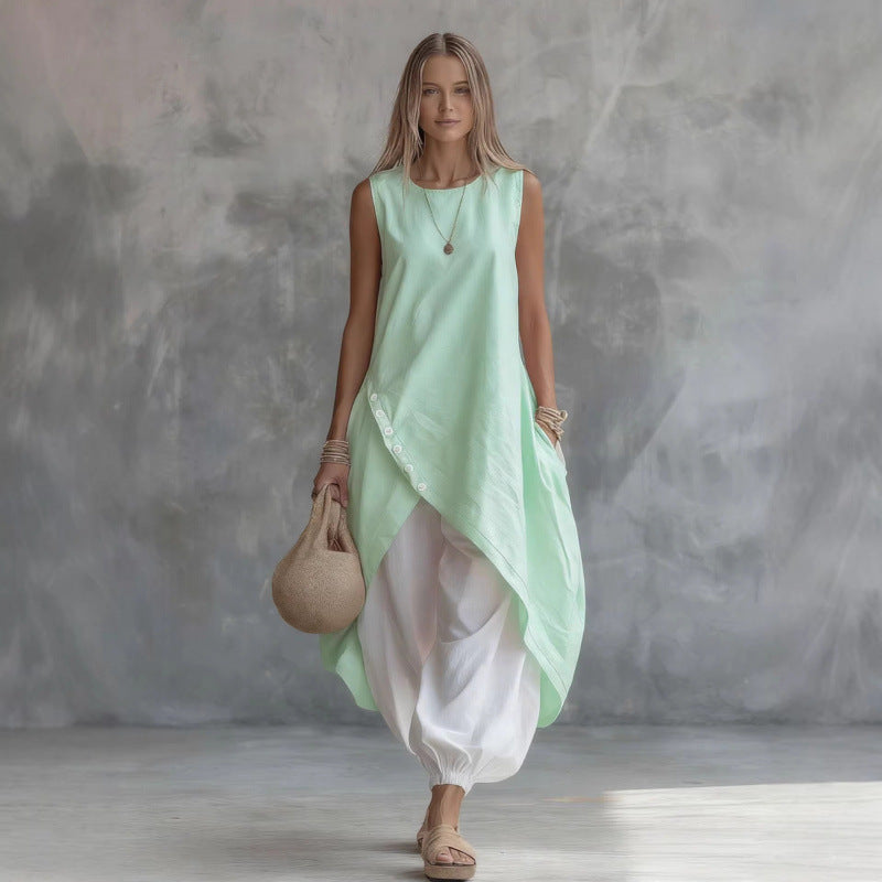 Solid Color Sleeveless Loose Pockets White Suits