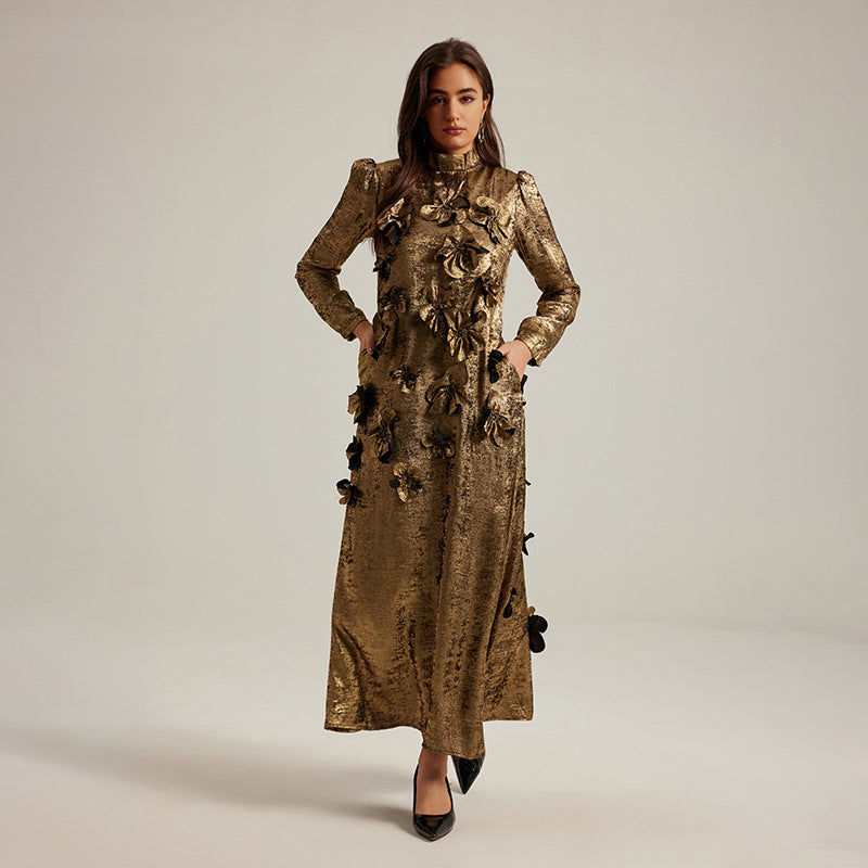 Women's French Three-dimensional Flower Patchwork A- Line Dresses