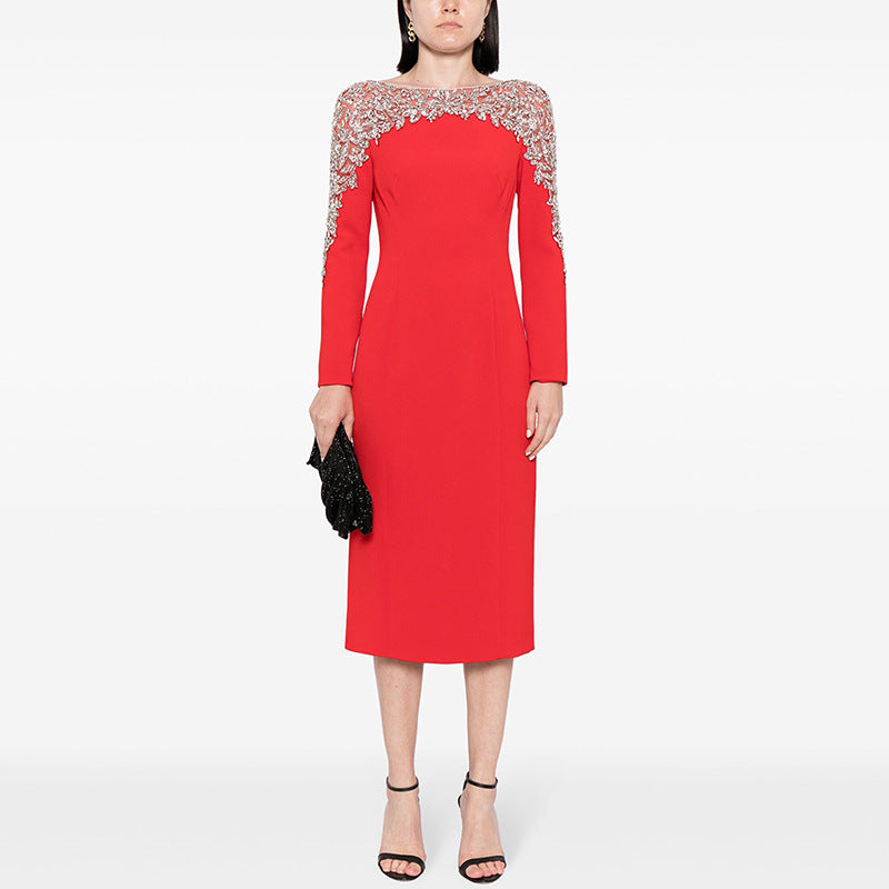 Fashion Stitching Mesh Beads Rhinestones Mid-length Dresses