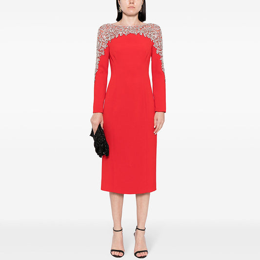 Fashion Stitching Mesh Beads Rhinestones Mid-length Dresses