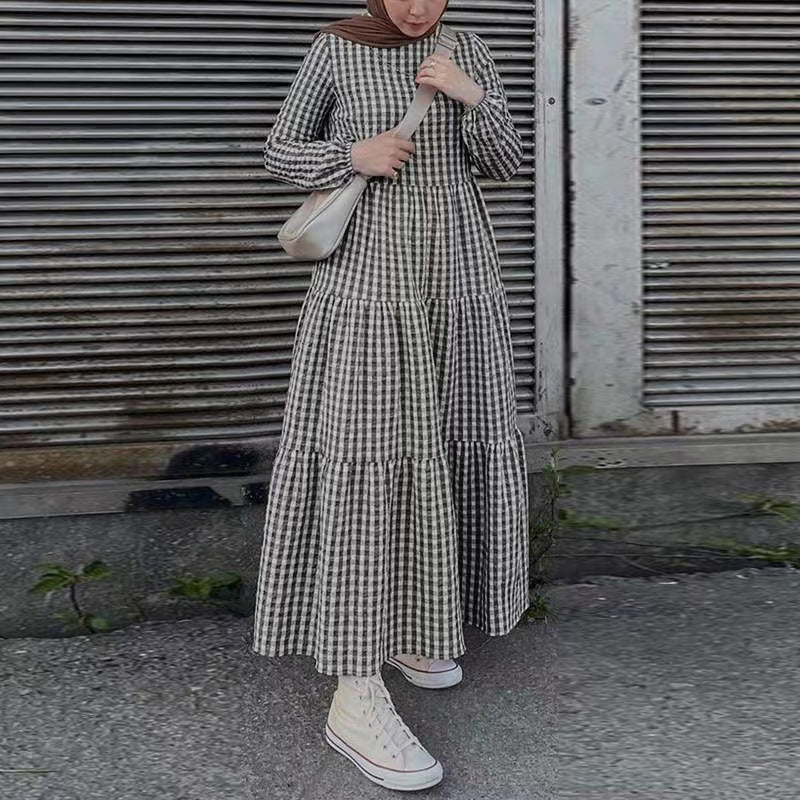 Sleeve Elastic Round Neck Loose Waist Casual Dress