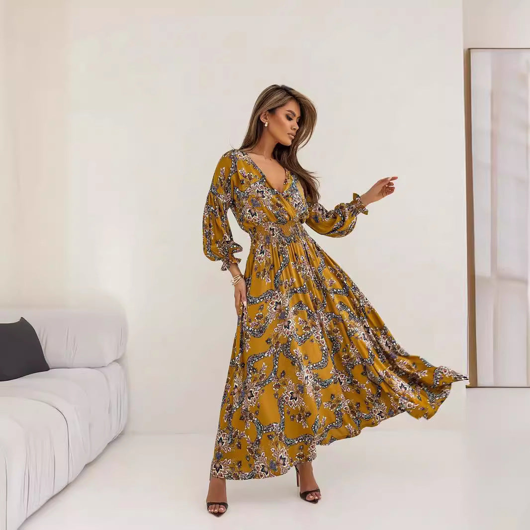 Women's Printed Sexy Slit Long Sleeve Dress Dresses