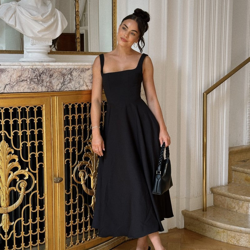Women's Summer Temperament Square Collar Sleeveless Waist Trimming Dress