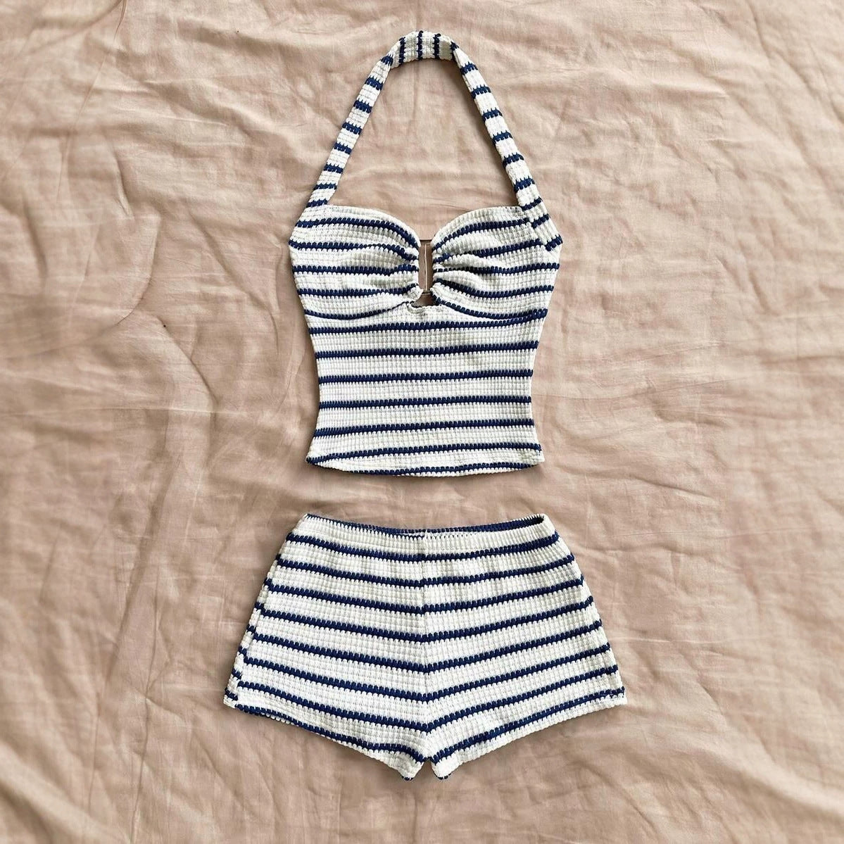 Women's Summer Vacation Striped Knitted Textured Fashion Casual Suit