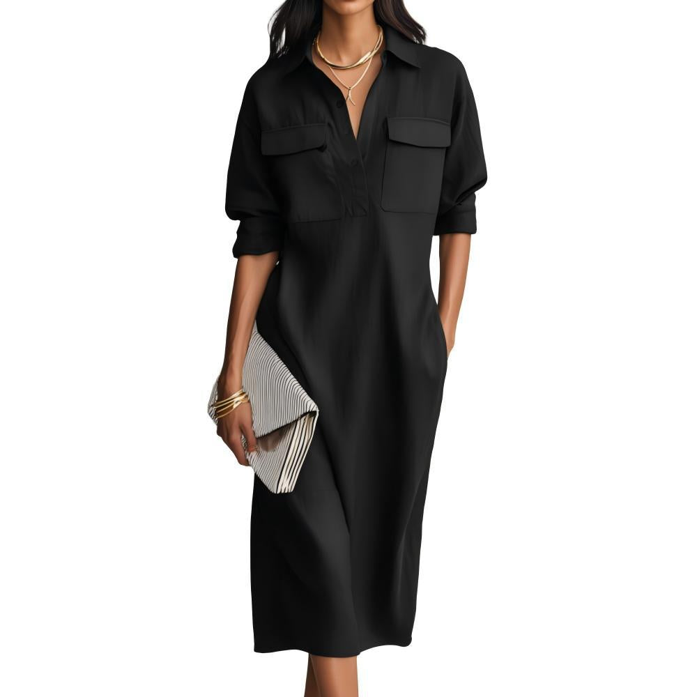 Lapel Long Sleeve Commuter Black Casual Dress