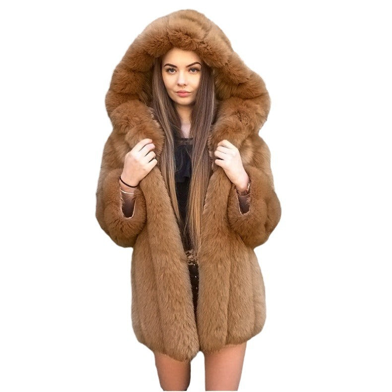 Women's Fur Fox Faux Hooded Stitching Mid-length Coats