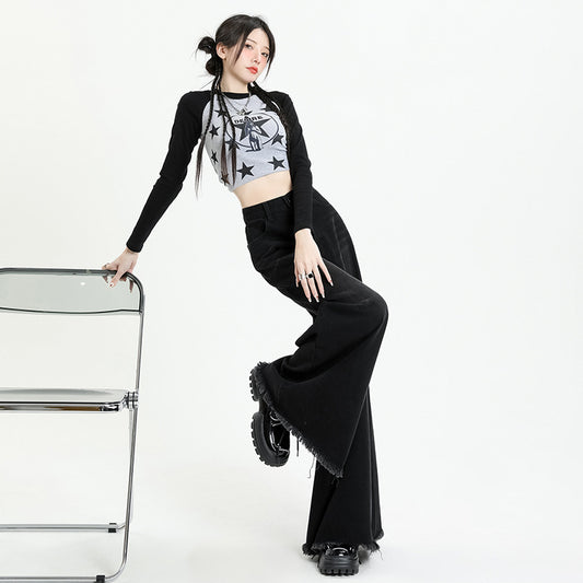Washed-out Vintage Black Gray Wide Leg Sweeping Elephant Jeans
