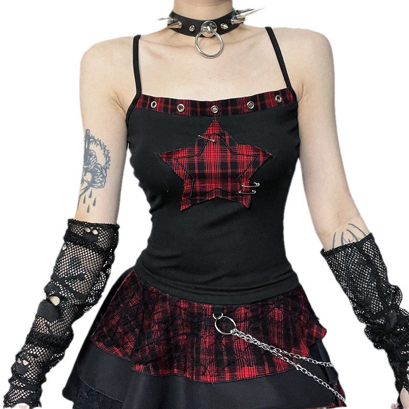 Women's Star Printed Plaid Stitching Camisole Dark Punk Tops