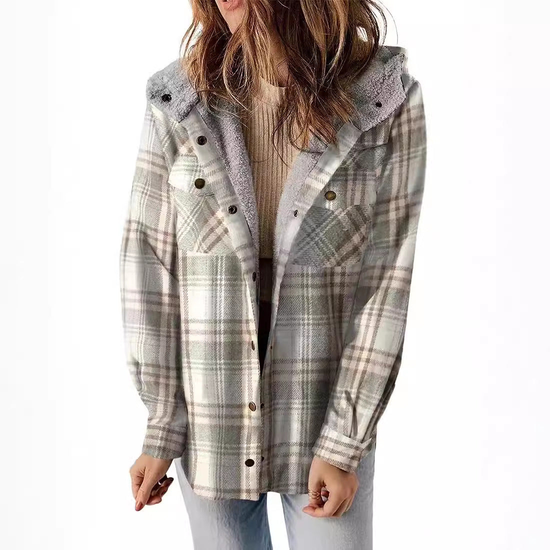 Women's Long-sleeved Plaid Woolen Hooded Lamb Wool Sweaters