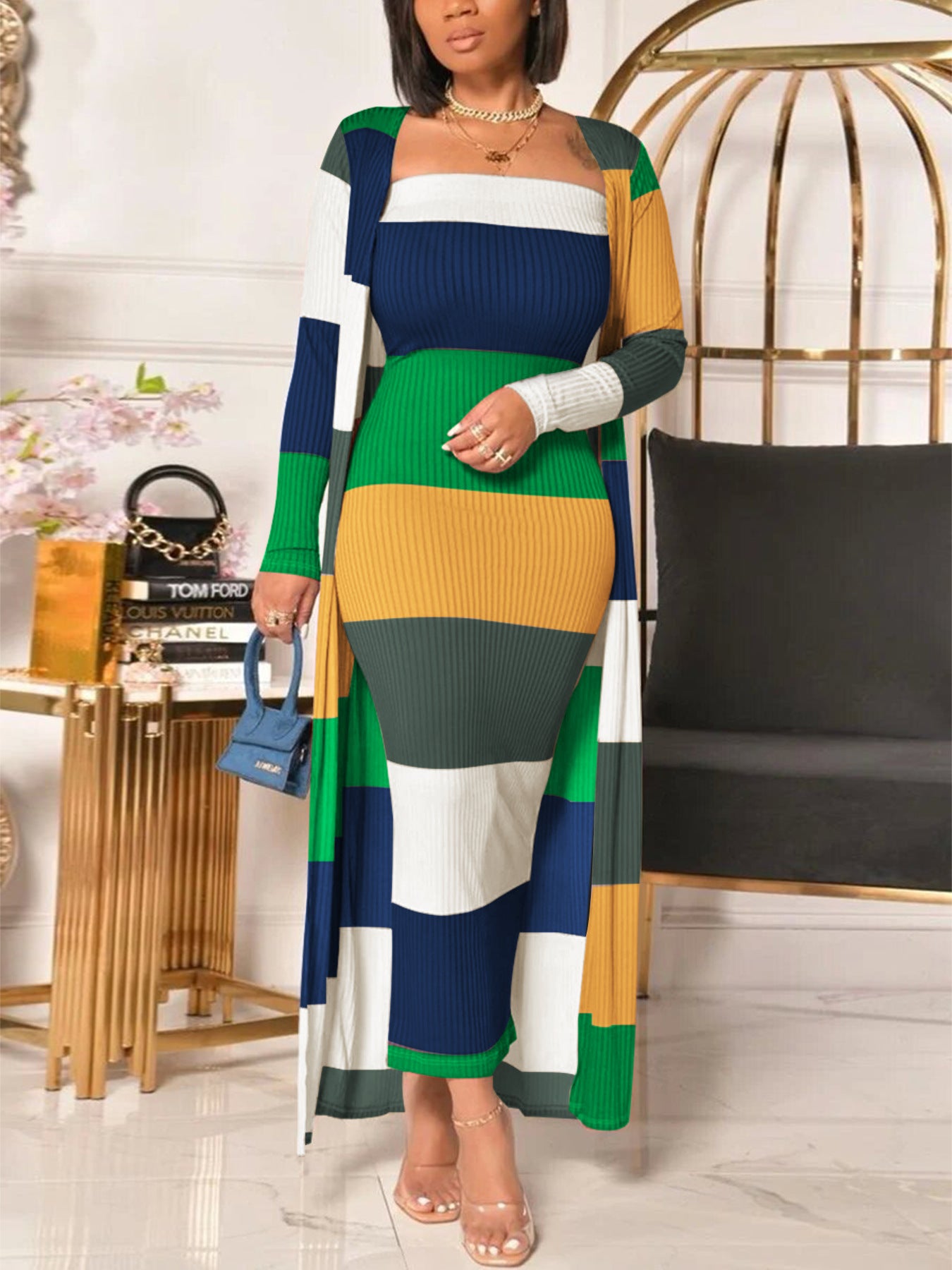 Striped Tube Dress Long Sleeve Two-piece Suits