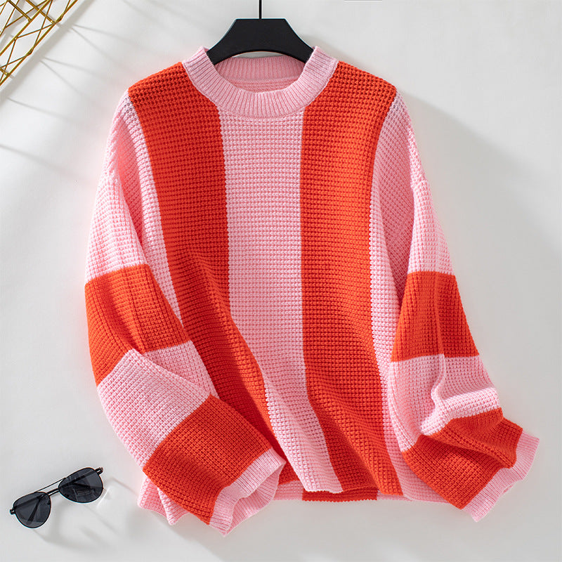 Women's Contrast Color Striped Casual Loose Pullover Sweater