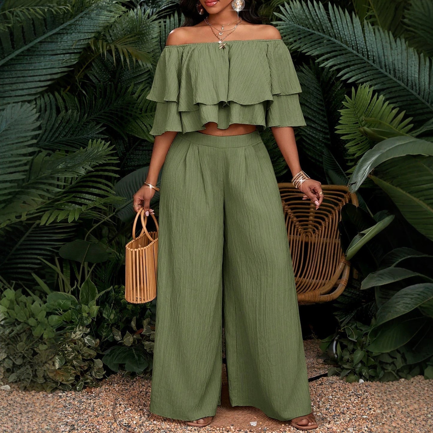 Ruffled High Waist Wide Leg Two-piece Fashion Casual Suit