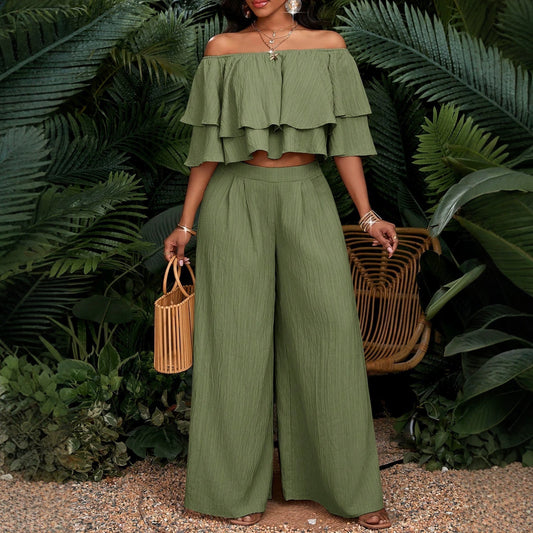 Ruffled High Waist Wide Leg Two-piece Fashion Casual Suit