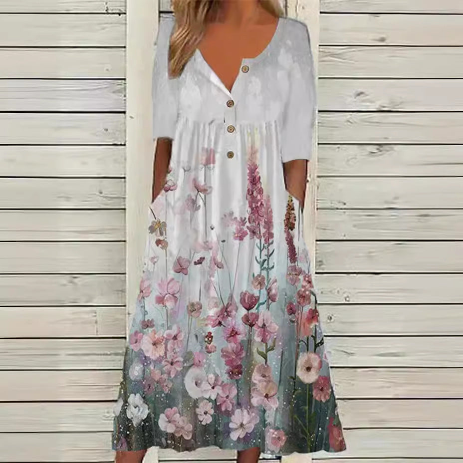 Women's Printed Pocket Clinch Long Dress Plus Size