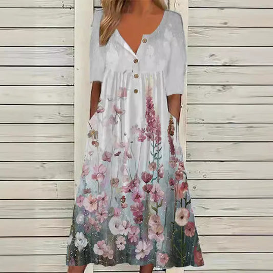 Women's Printed Pocket Clinch Long Dress Plus Size
