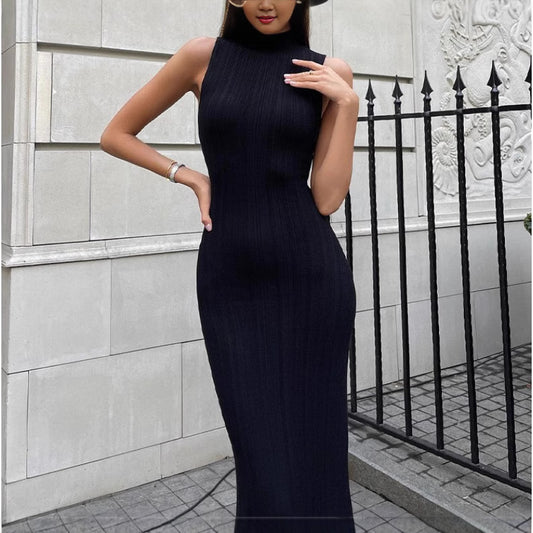 Knitted Turtleneck Sleeveless Tight Midi Dress Dresses
