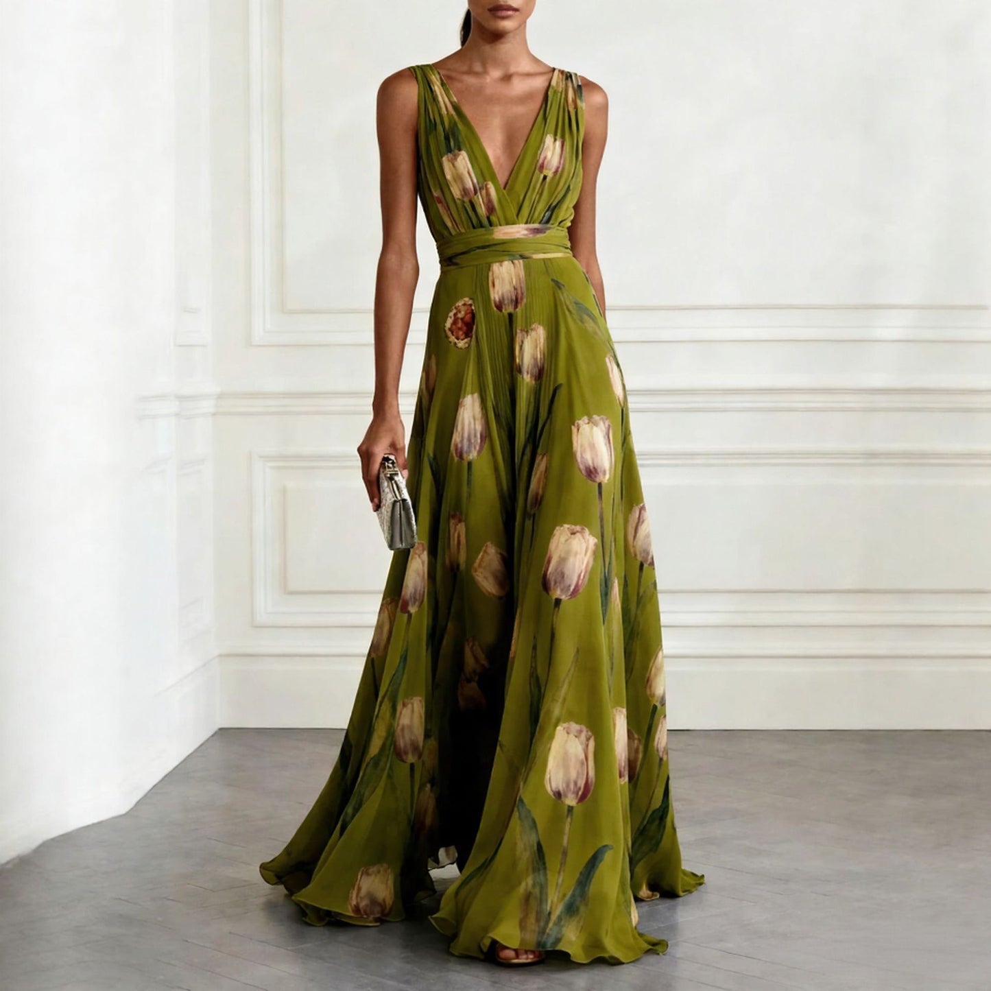 Women's Tulip Print Sleeveless Temperament Long Female Dress