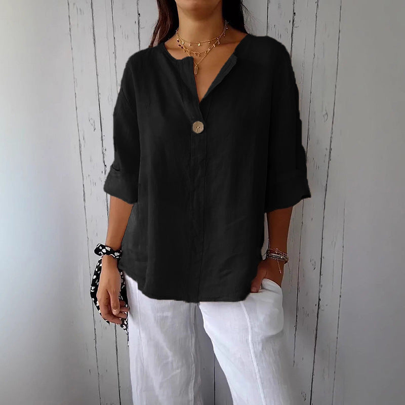Women's Summer Loose T-shirt Cotton Linen Button Blouses