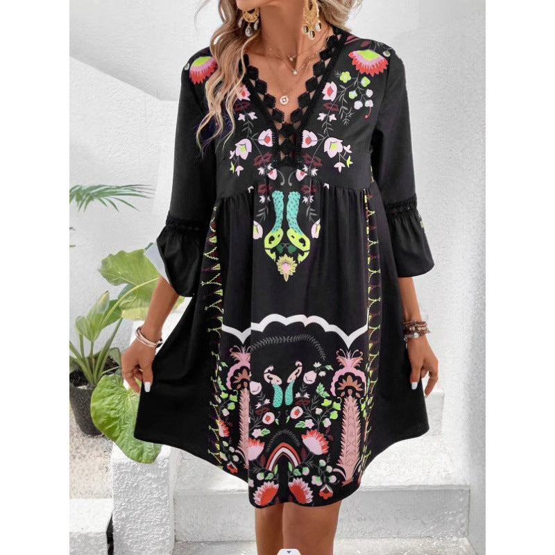 Women's Summer Lace Stitching Casual Printed Dress Dresses