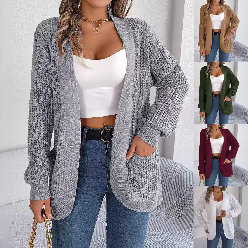 Women's Casual Pocket Long Sleeve Knitted Sweater