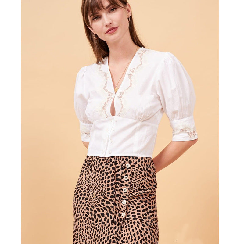 Women's Cotton Lace Cutout Summer French Vintage Blouses