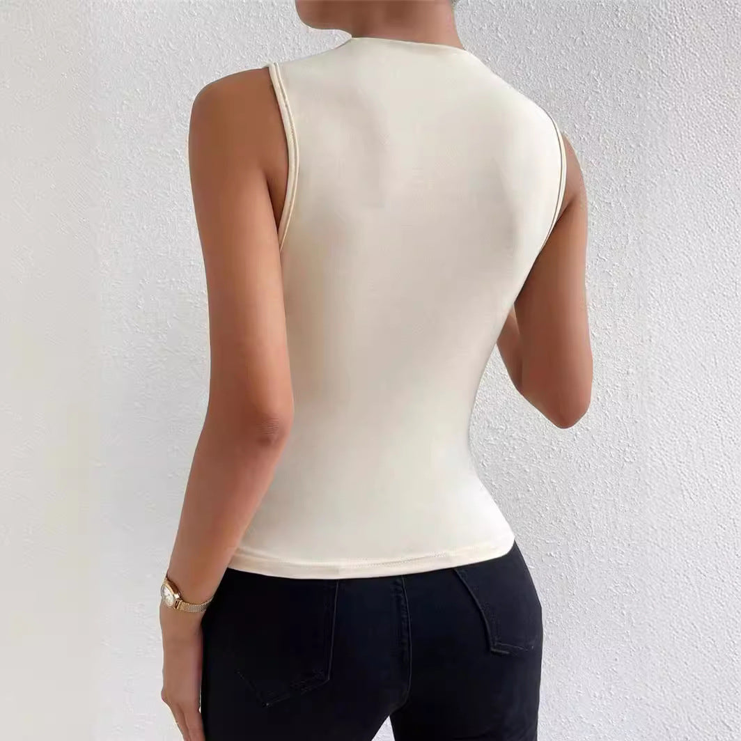 Women's Solid Color Pleated Sleeveless Pullover Half Blouses