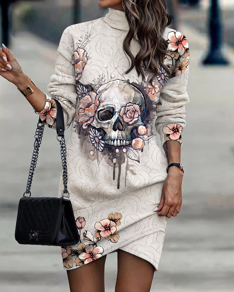Women's Autumn Turtleneck Long Sleeve Printed Irregular Dress