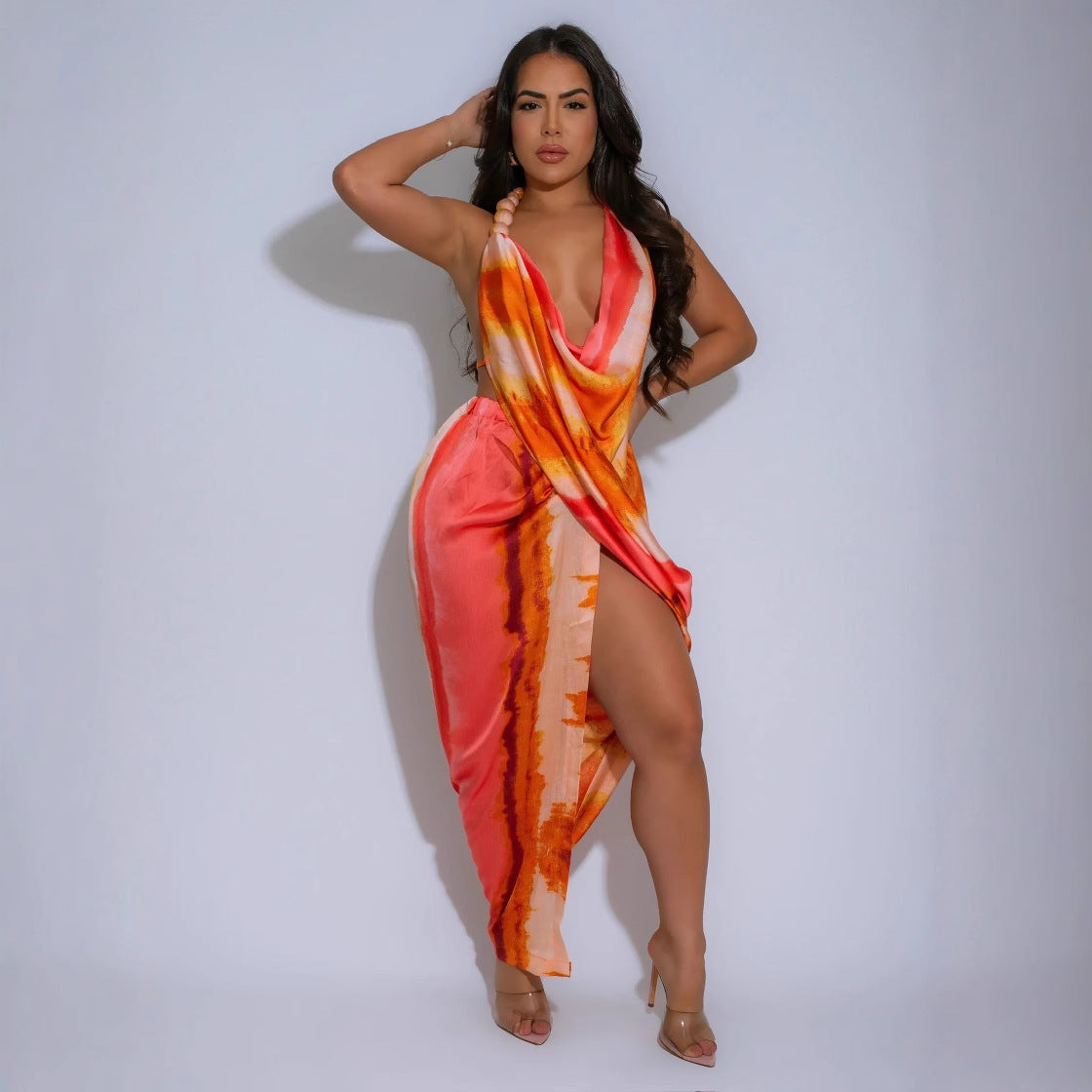 Beaded Halter Sexy High Split Printed Silk Dresses